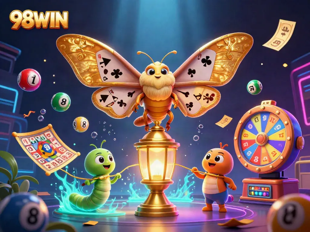 Engage in thrilling gameplay at 98WIN with colorful lottery balls and casino scenes.