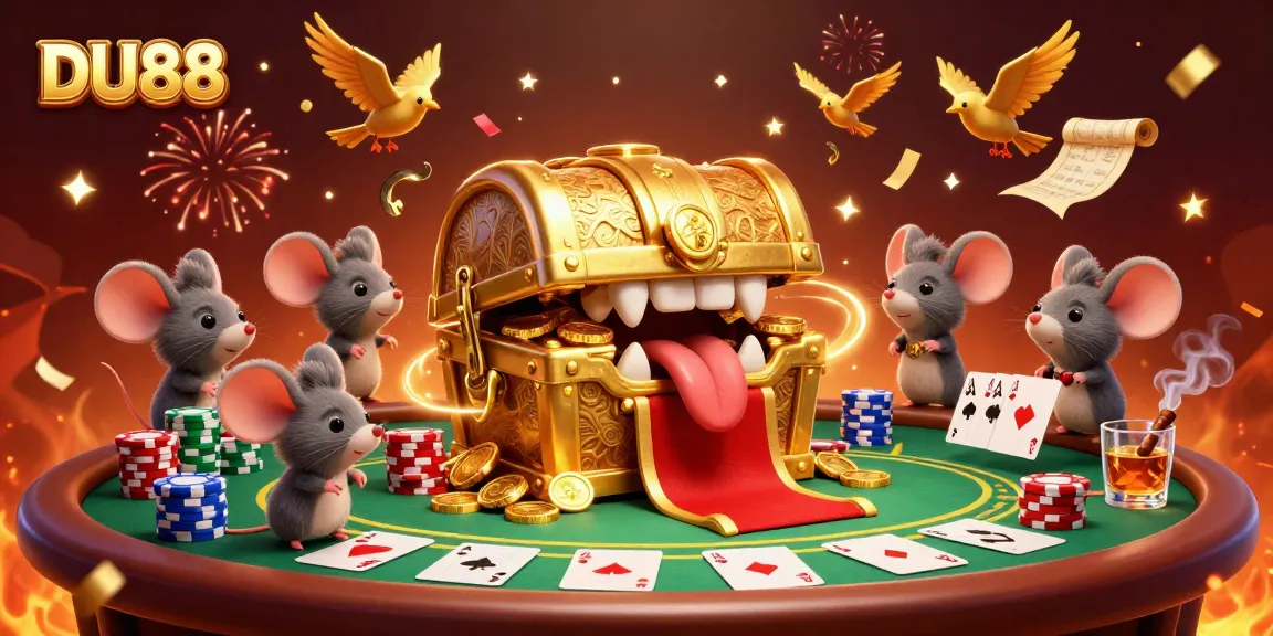 Engage with DU88's thrilling atmosphere featuring mice at a golden treasure chest and impressive poker action.