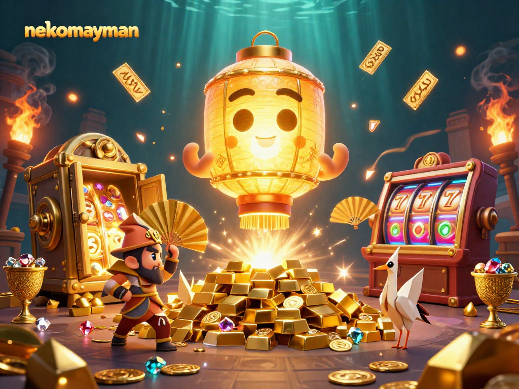 Nekomainman features an enchanting casino scene with golden lantern spirit and dazzling slot elements.