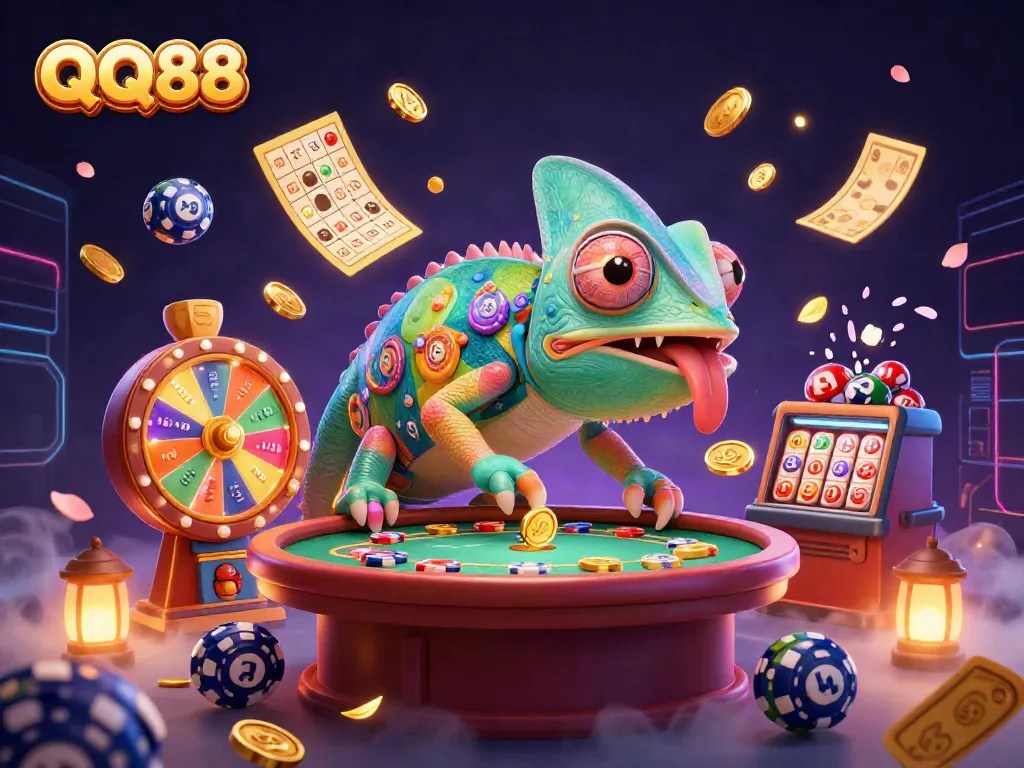 Experience the excitement of QQ88 with a vibrant casino scene featuring a colorful chameleon and dynamic lottery elements