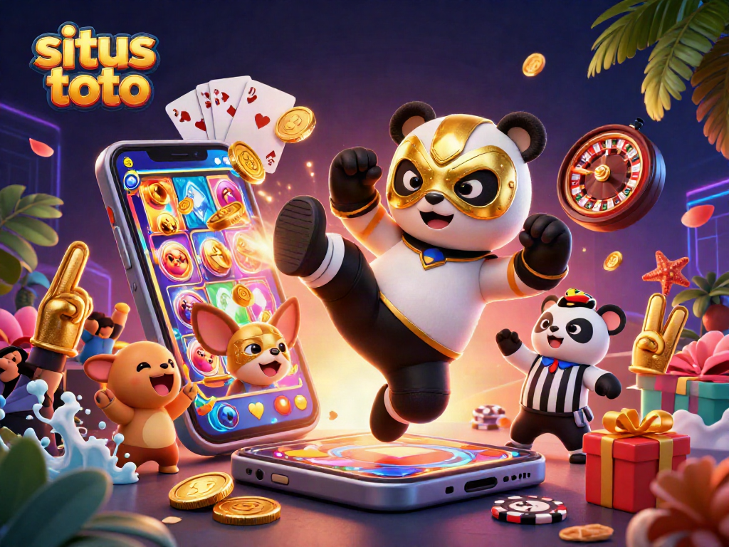Experience situs toto excitement with a dynamic 3D scene featuring a wrestling panda performing while game elements add flair.