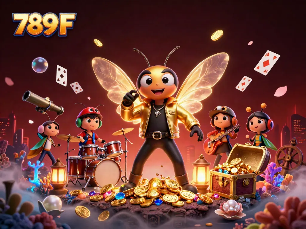 Experience vibrant gameplay with 789 F, showcasing a lively casino scene filled with characters and treasures.