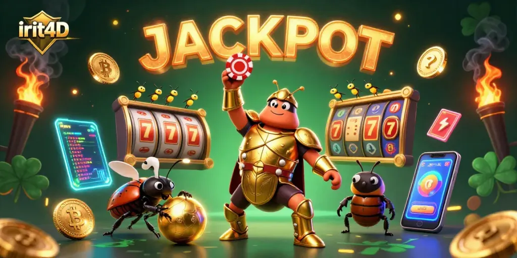 Wager with irit4D while the hero beetle lifts a poker chip, celebrating a big win with vibrant casino elements.