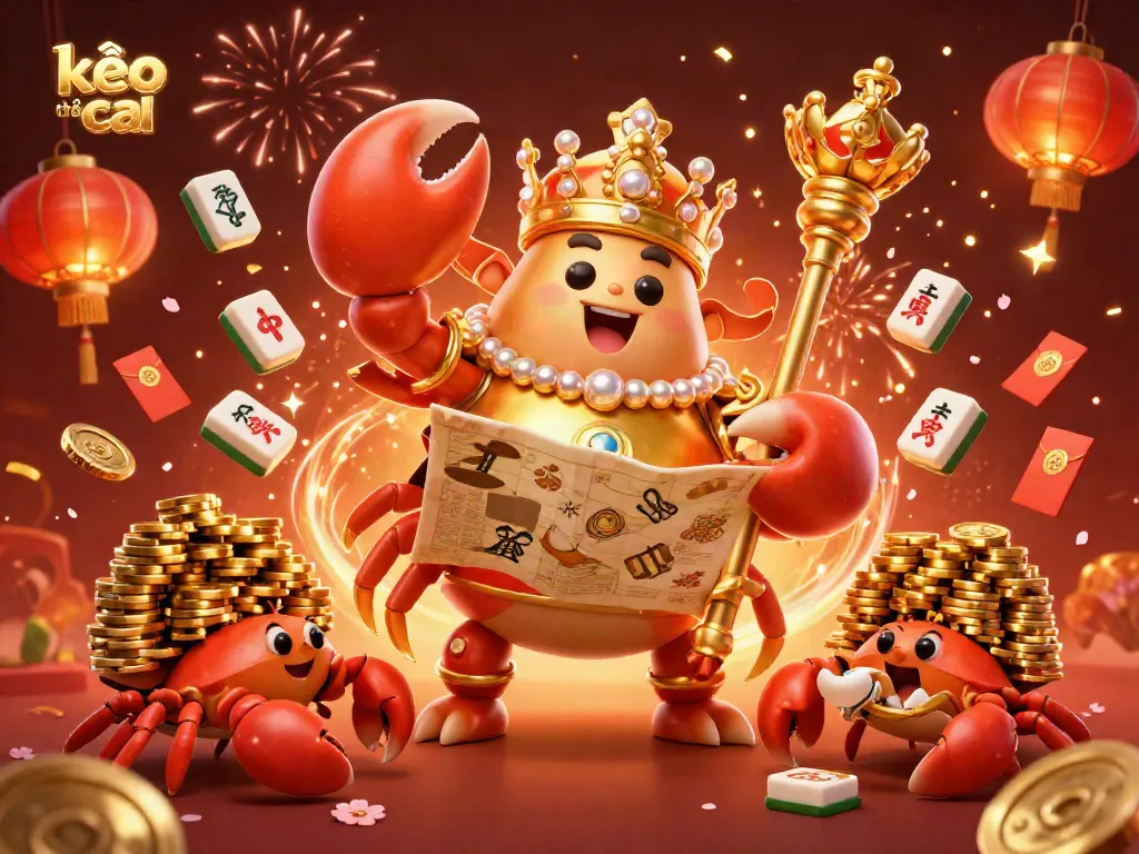 Engage with kèo nhà cái through an image of a golden crab emperor amidst vibrant casino-themed decorations.
