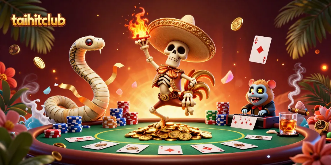 Engage in the vibrant taihitclub festivities with a cartoon mariachi rooster celebrating a poker win.