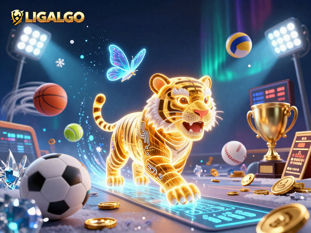 LIGALGO showcases a 3D neon wireframe tiger in a vibrant casino with flying sports elements.