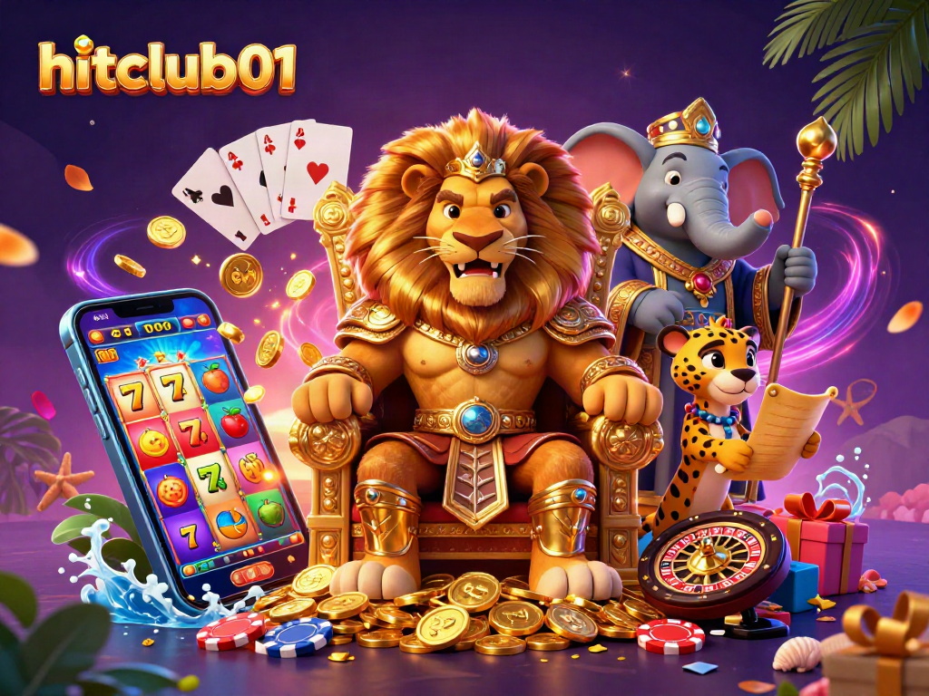 Win big with hitclub01's captivating casino scene featuring slots and royal characters!