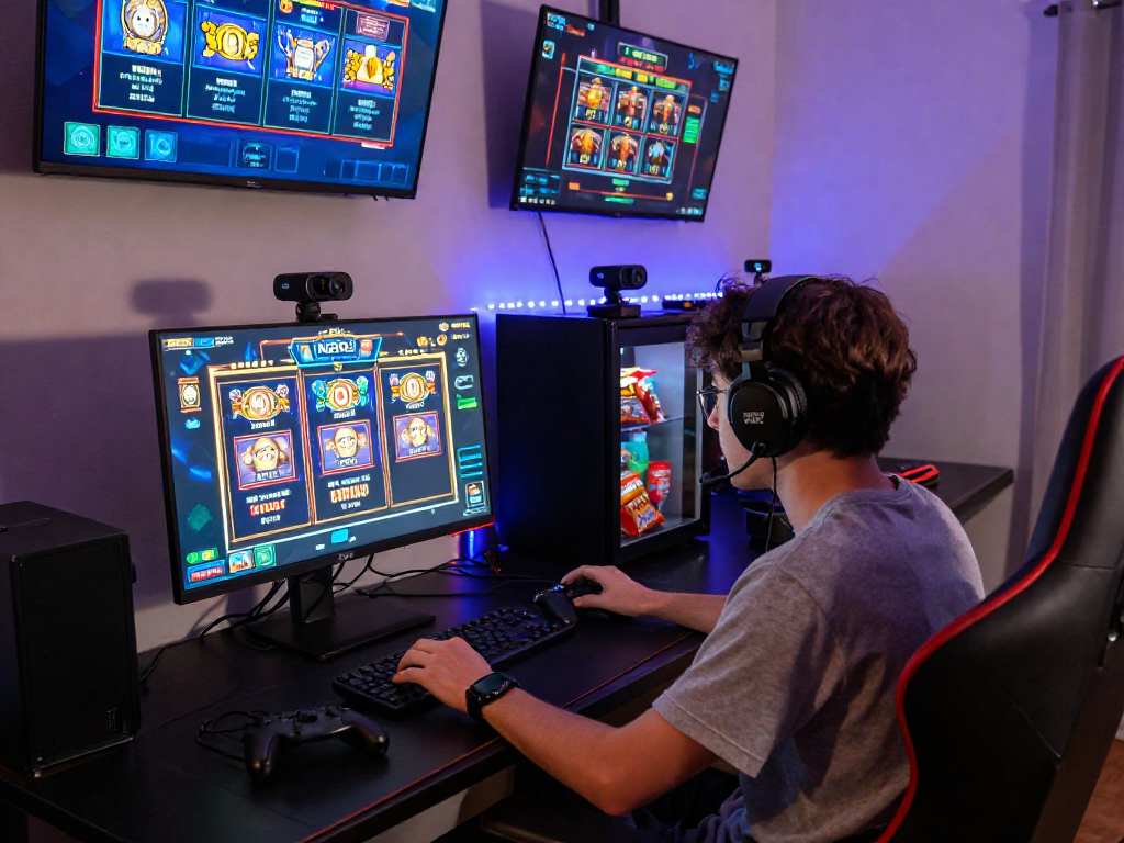 User engaged with NX303 gaming platform in a cozy gaming setup, showcasing vibrant slot games and gaming accessories.