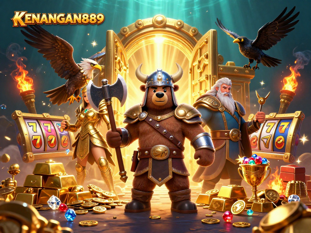 Experience thrilling gameplay at KENANGAN889 with treasure-filled slots, dazzling gems, and heroic characters.