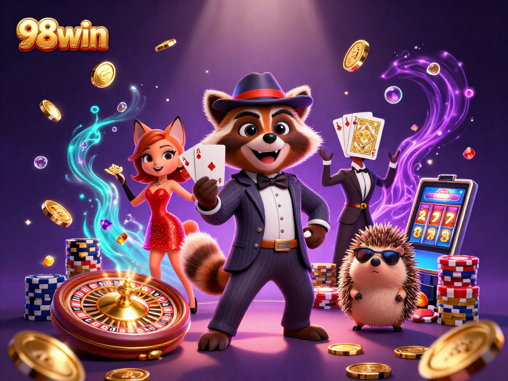 Join the excitement of 98win with a suave raccoon celebrating a royal flush amidst casino glamour.