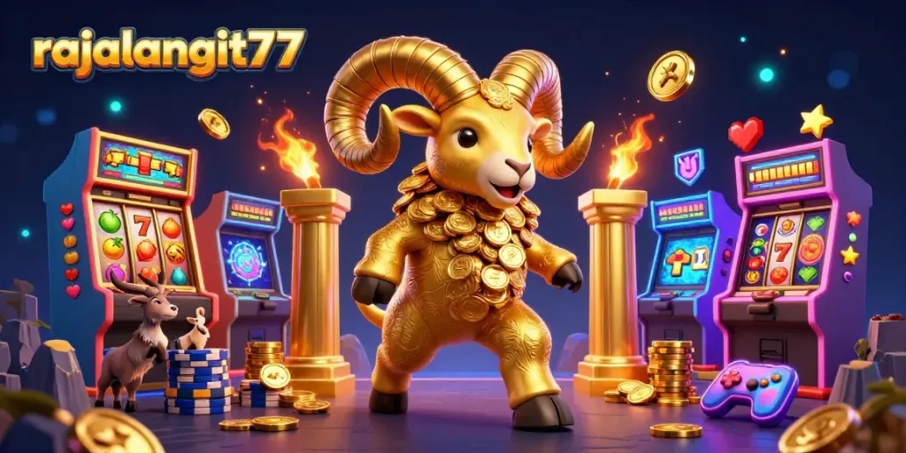 Engage with rajalangit77 as the golden ram charges past vibrant slot machines in a dynamic casino scene.