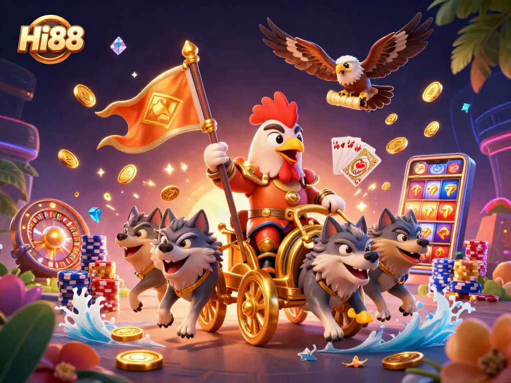 Hi88 players enjoy intense gameplay with vibrant casino elements and dynamic action in this illustration.