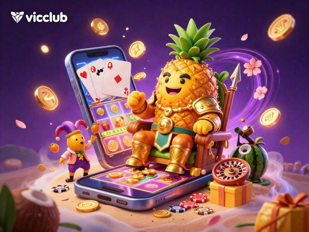 Experience the vicclub gaming adventure with the golden pineapple king at a vibrant beach casino!