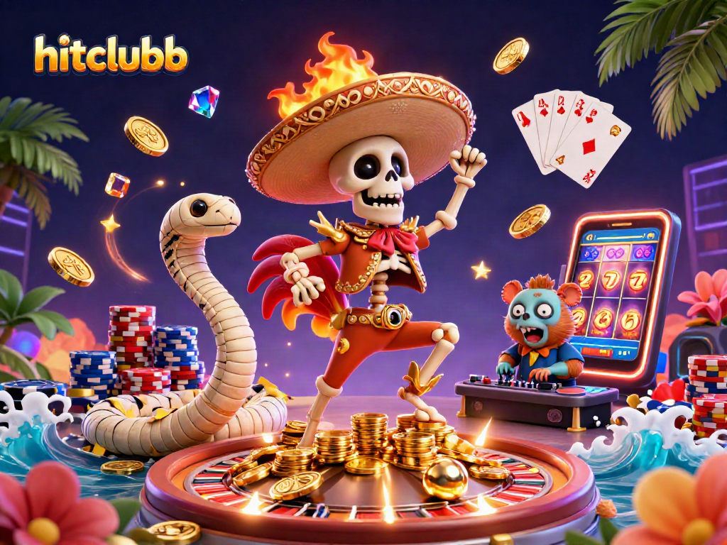 Spin to win with hitclubb’s vibrant 3D cartoon casino party illustration featuring characters and gaming elements.