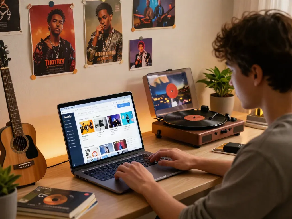 Engaged user exploring Tubidy music search engine on a laptop with vibrant music decor.