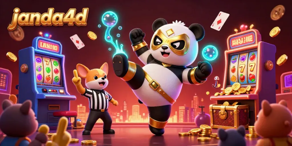 Ilustrasi 3D janda4d menampilkan panda pegulat profesional dengan efek kasino yang energik.