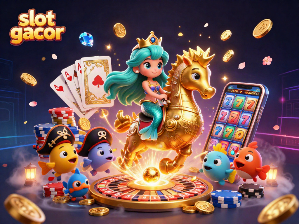 Win big with slot gacor in this vibrant 3D casino scene featuring magical characters and overflowing coins.