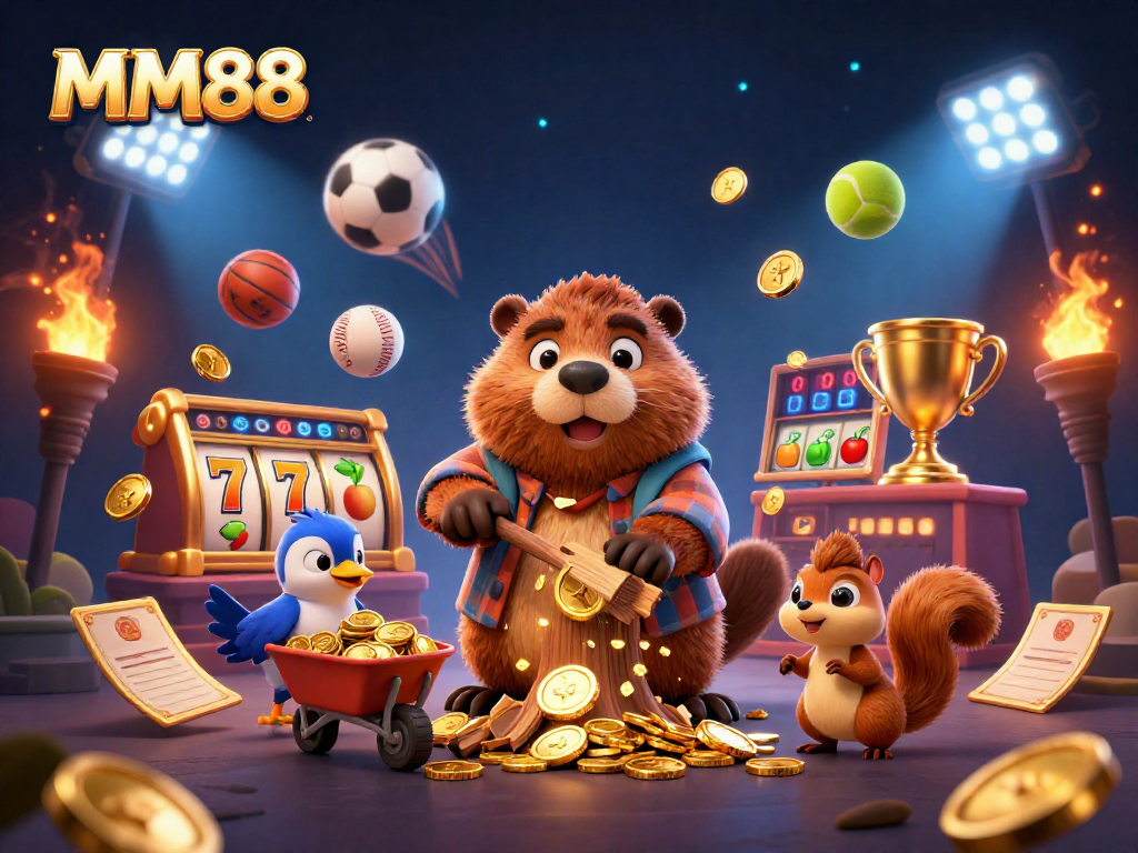 Spin to win at MM88 with vibrant characters celebrating jackpots and sport bets.