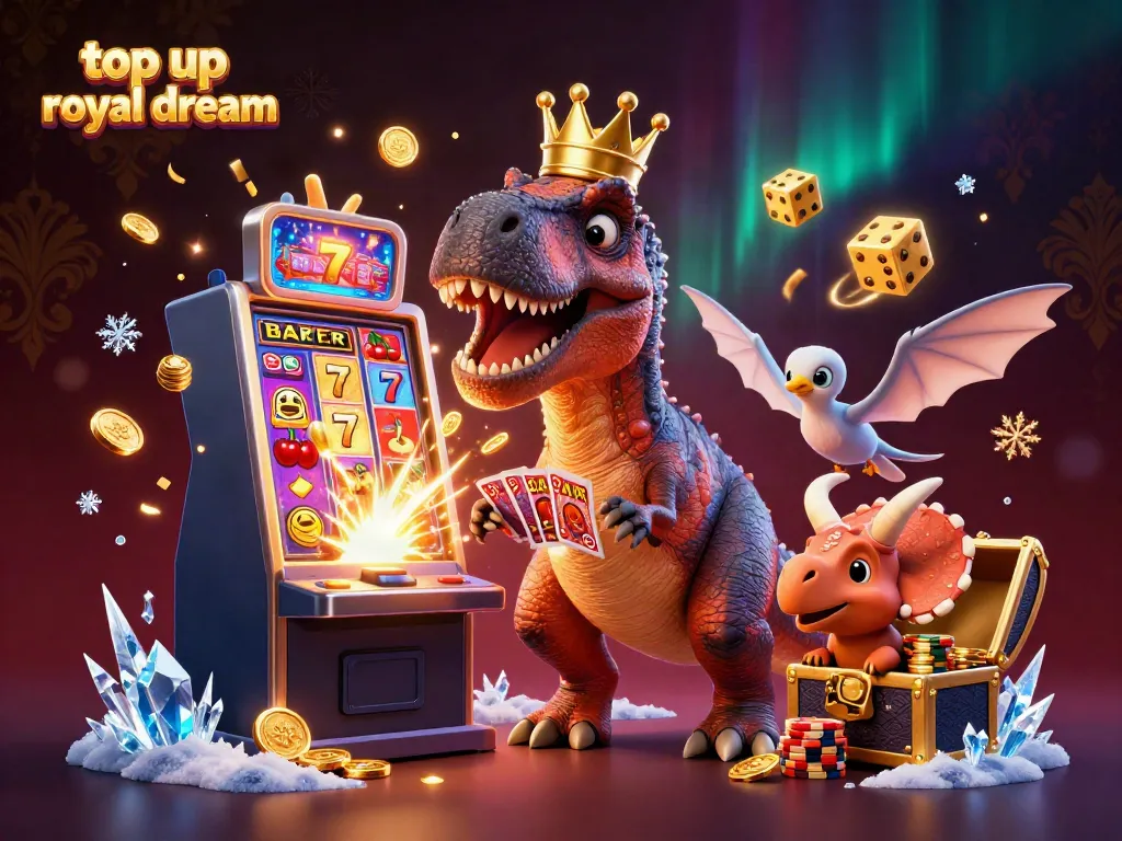 Top up royal dream dengan T-Rex, pterosaurus, dan triceratops beraksi di mesin slot yang menyala.