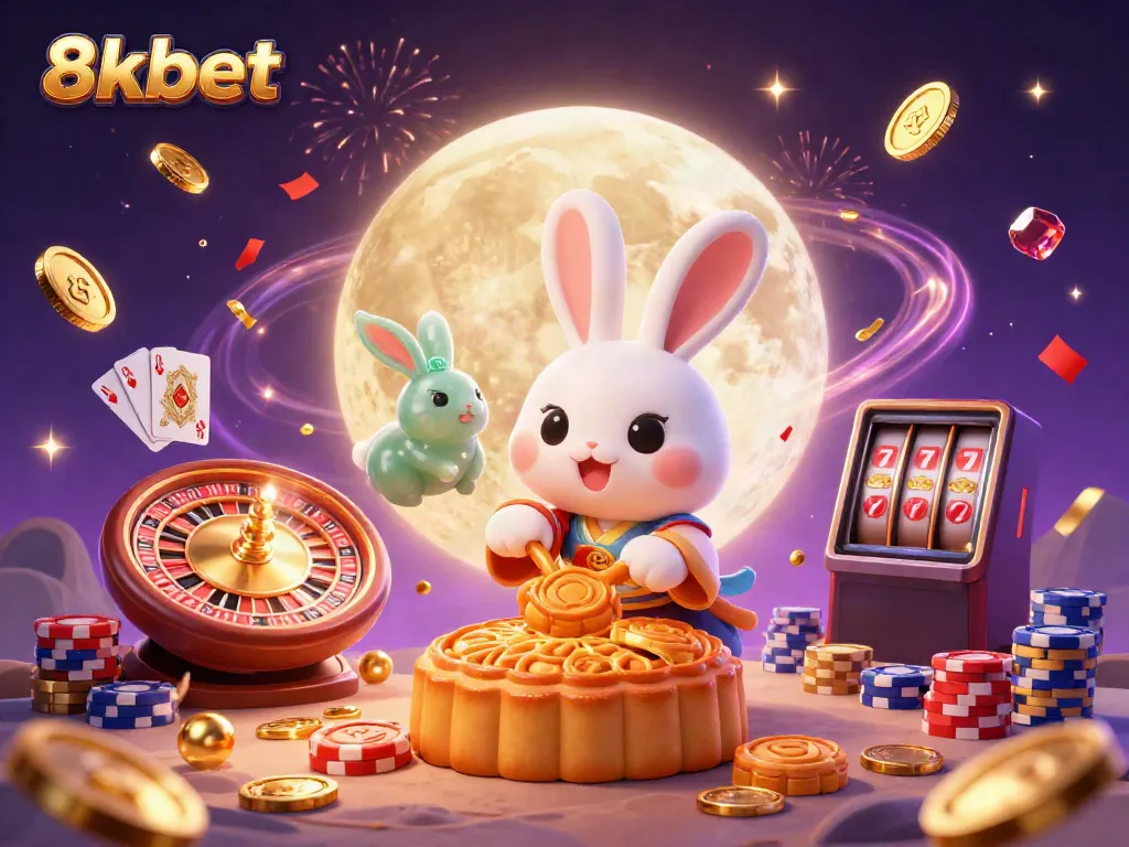 Experience the thrill of 8xbet with a dynamic scene of a moon rabbit celebrating with poker chips and casino elements.