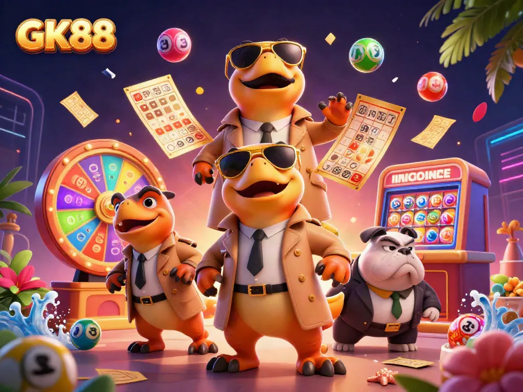 Three raptors in a trench coat humorously trying to enter a VIP lounge at GK88 casino.