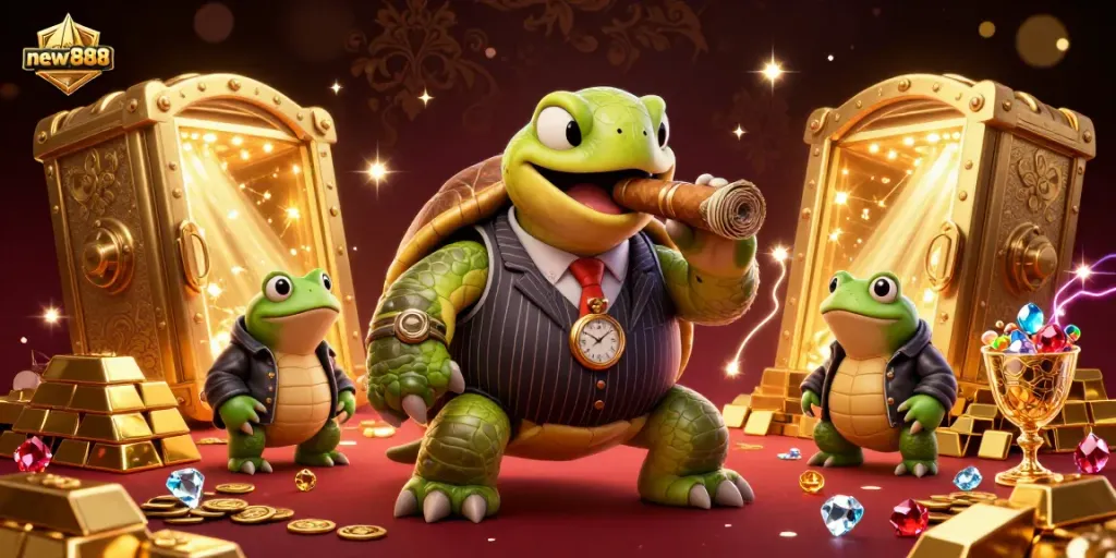 Experience exciting gameplay moments and vibrant visuals from new888's casino with the massive snapping turtle and bullfrog enforcers.