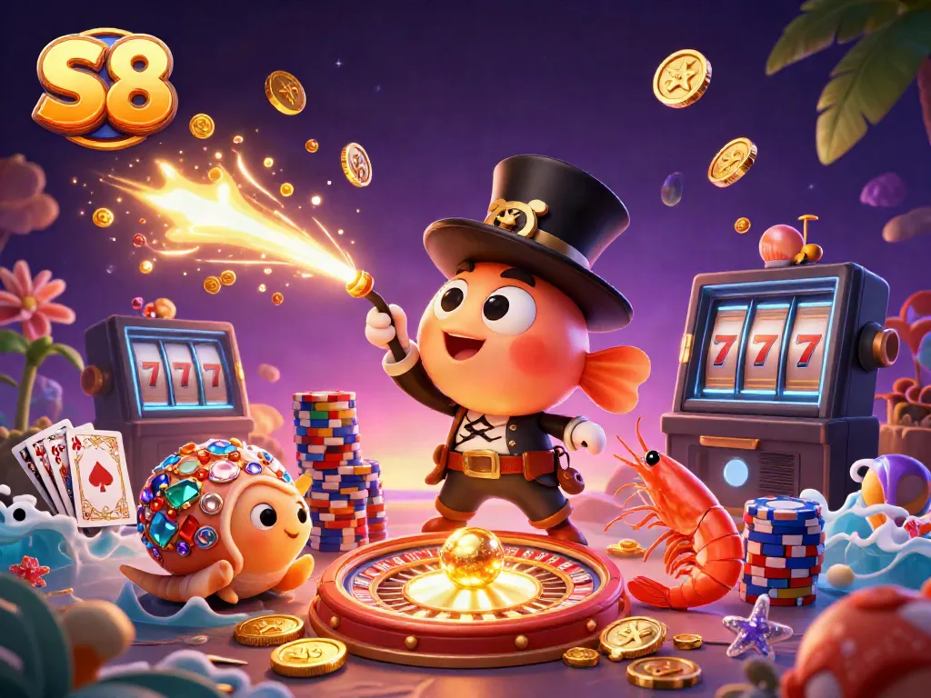Join the treasure hunt with S8 in this dynamic 3D casino scene full of vibrant characters and engaging slots action.