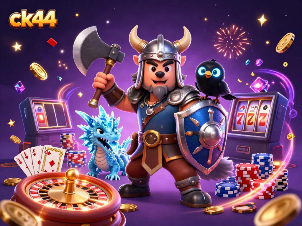 Engage with ck44, a dynamic 3D casino scene of a Viking wolf warrior and dragon among golden coins and roulette elements.