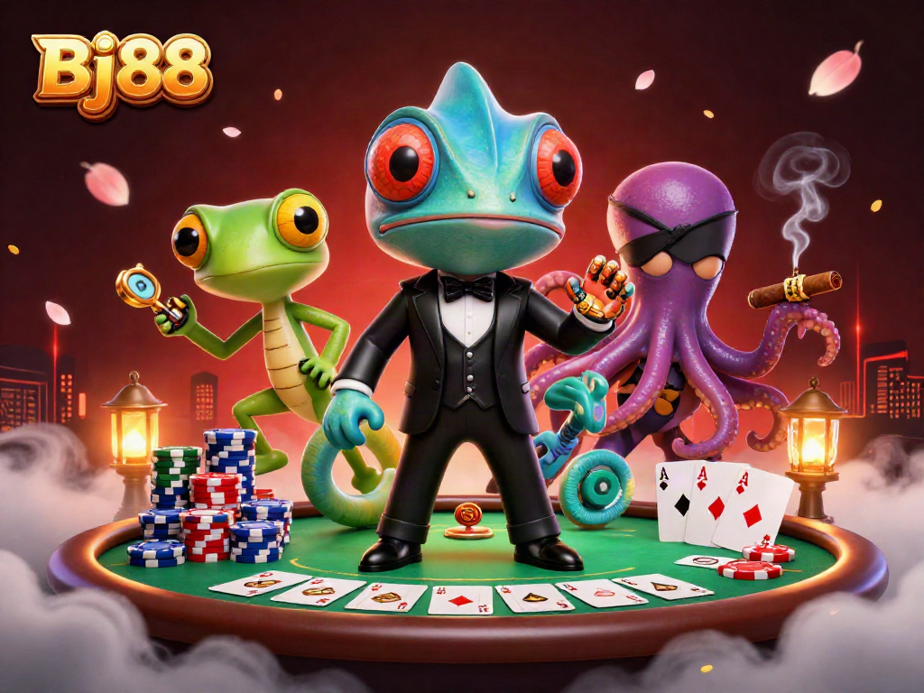 Bj88 showcases a thrilling poker scene with vibrant characters and casino elements