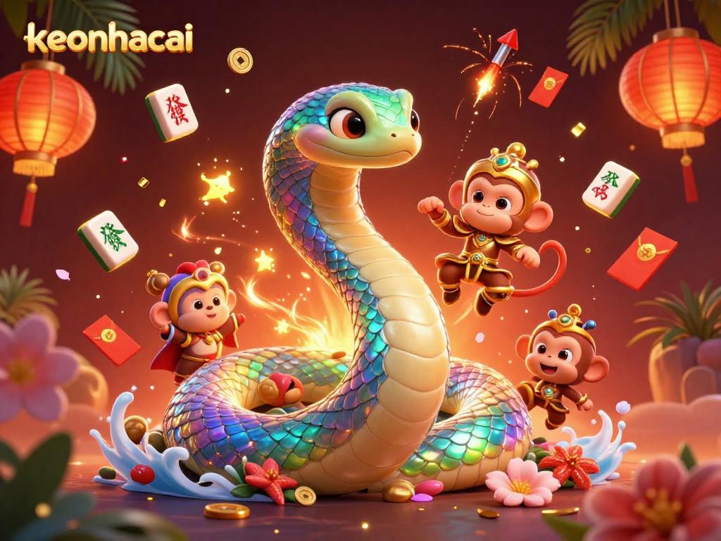 Experience excitement at keonhacai with an enchanting 3D scene of casino elements and vibrant characters.