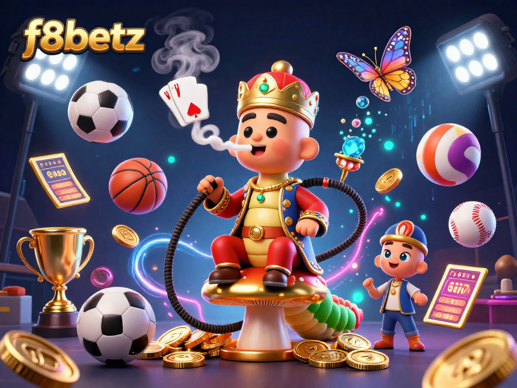 Experience thrilling gameplay with f8betz, featuring a vibrant 3D illustration of a caterpillar master in a casino setting.