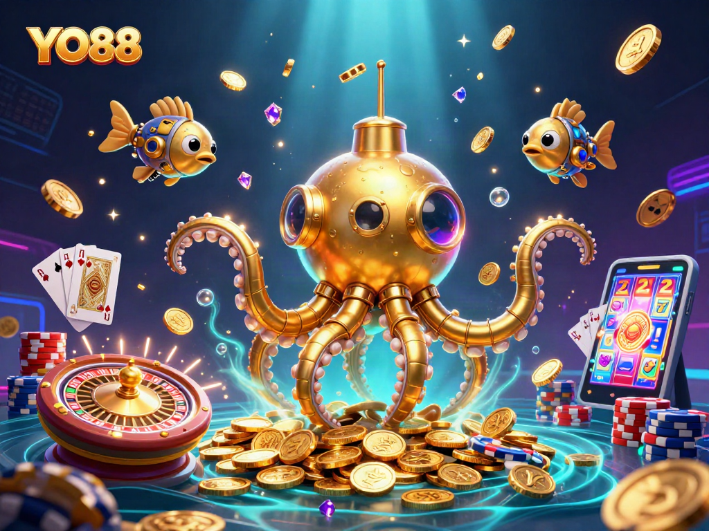 Engage with YO88's thrilling gaming world featuring whimsical kraken and treasure-filled sea.