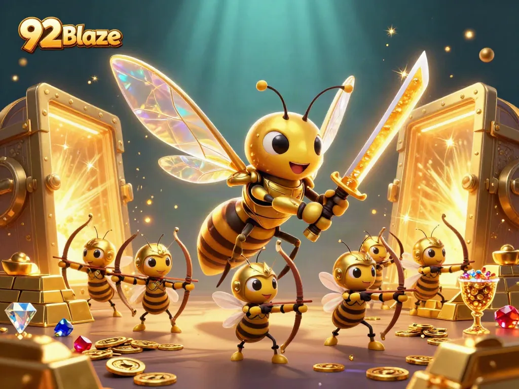 Experience the vibrant 92 Blaze game with a stunning golden hornet samurai and enchanting treasure scene.