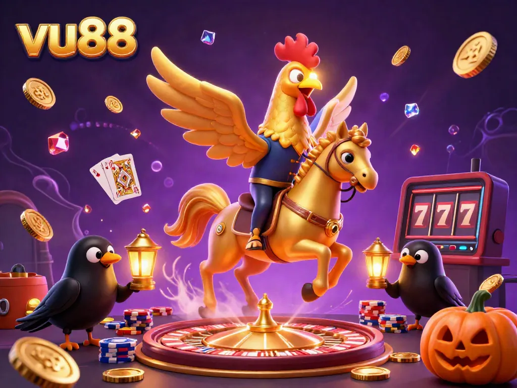 Experience the thrill of casino gaming with vu88's golden rooster hero, amidst cascading coins and rich visuals.