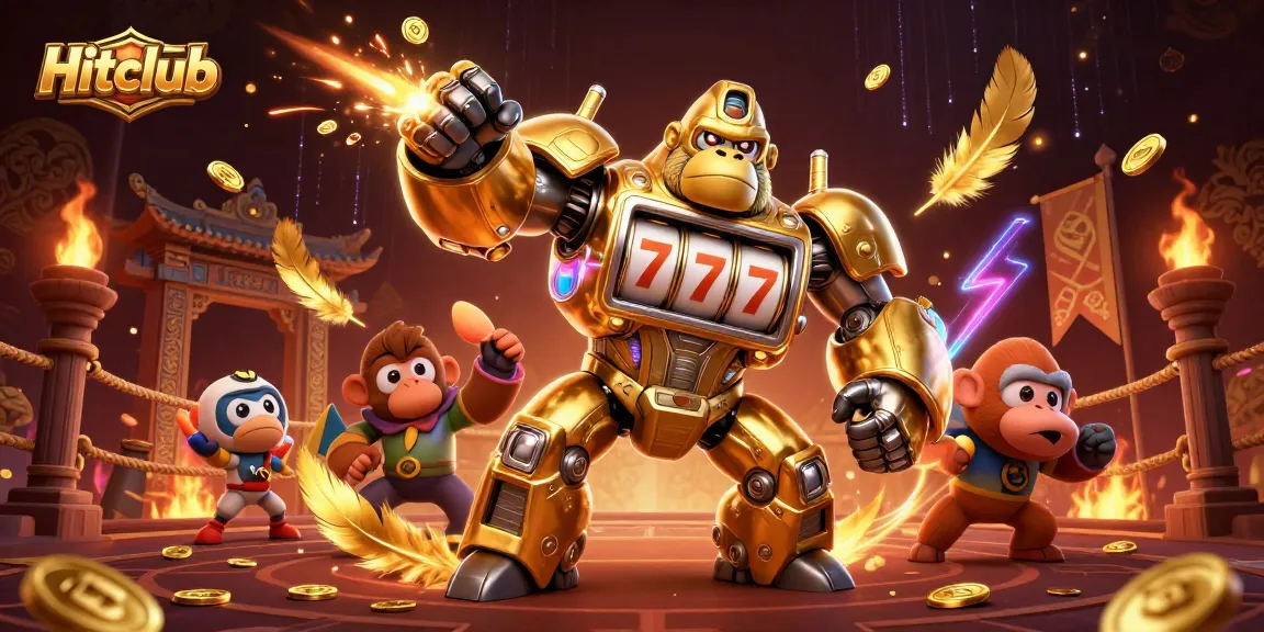 Experience excitement at Hitclub with a golden gorilla mech amidst vibrant casino elements.