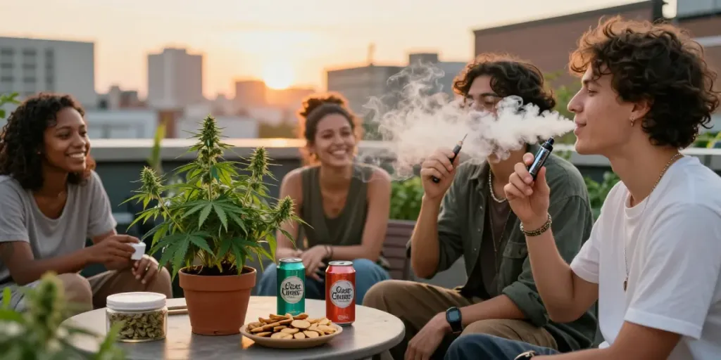 Person enjoying Clear Chronic vape pen in a cozy rooftop garden party.