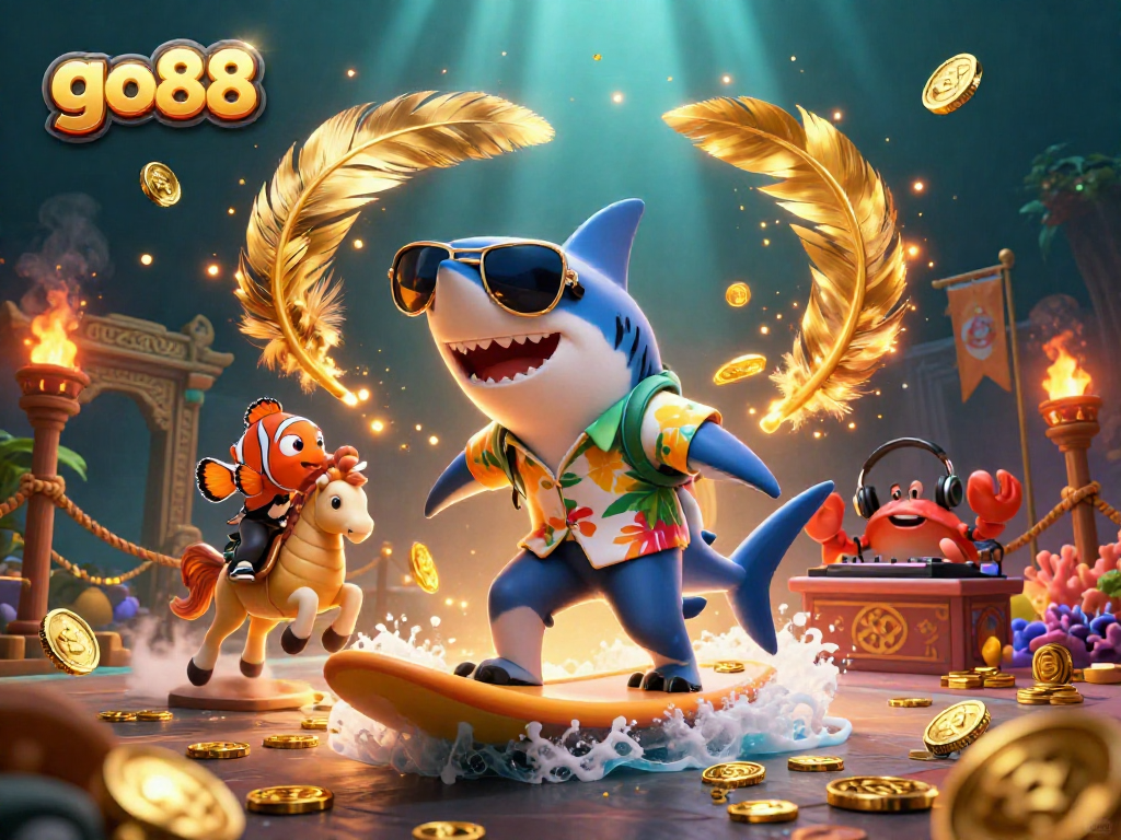 Hãy thưởng thức sân chơi go88 với cá mập và những đồng tiền vàng trong hình ảnh đầy màu sắc.
