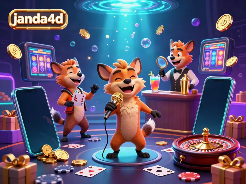 Hyena lucu di kasino dengan tema janda4d, bartender, dan komedian menampilkan permainan slot.