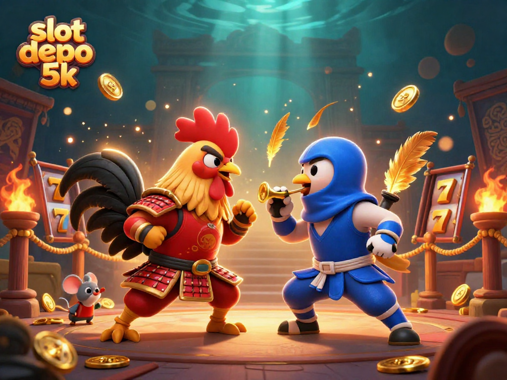 Experience thrilling action with slot depo 5k as fighting roosters clash in a dynamic casino scene.