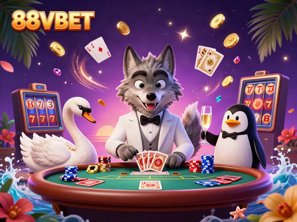 Experience thrilling gameplay with 88VBET in this vibrant casino scene featuring animated characters.