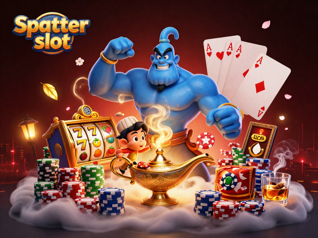 Engage with the scatter slot experience featuring a magical genie, poker chips, and vibrant slot elements.