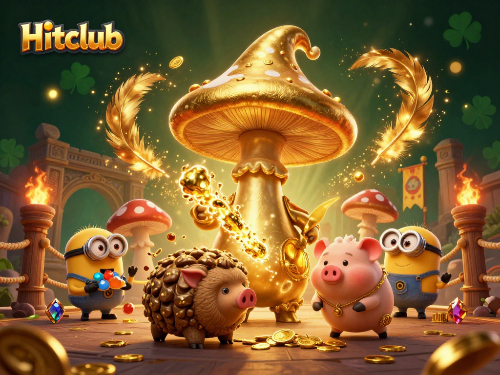 Hitclub illustrates a magical scene with a golden mushroom wizard and treasure in a dynamic casino atmosphere.