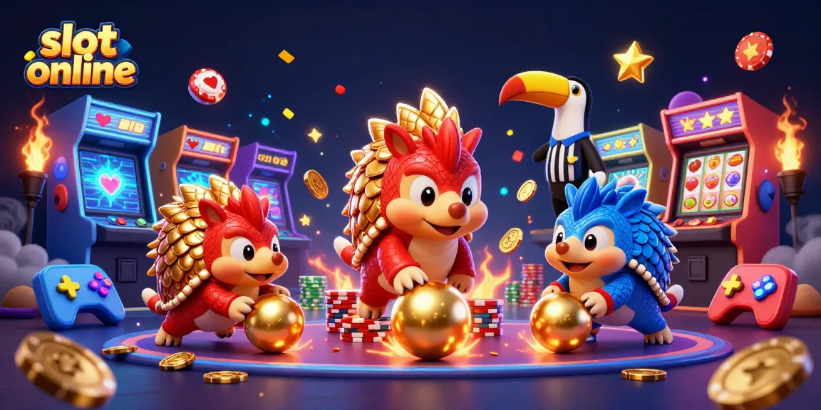 Rival pangolin merah dan biru beraksi di slot online, mengumpulkan koin emas dan chip poker.