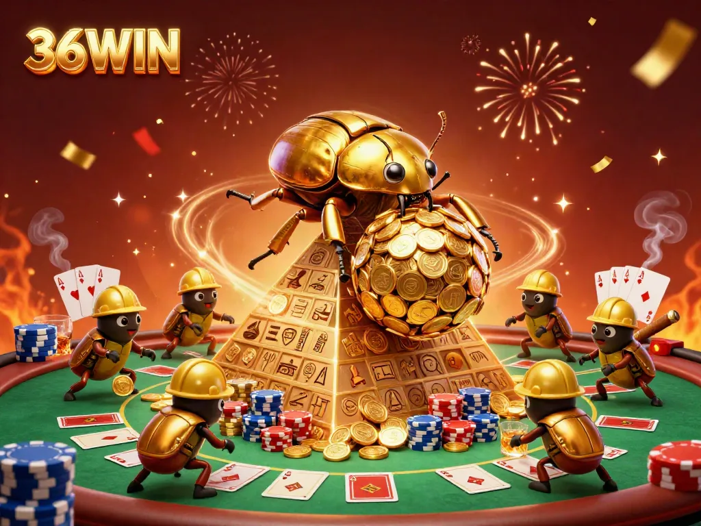 Experience the excitement of 36WIN with a golden beetle scene showcasing vibrant casino elements.