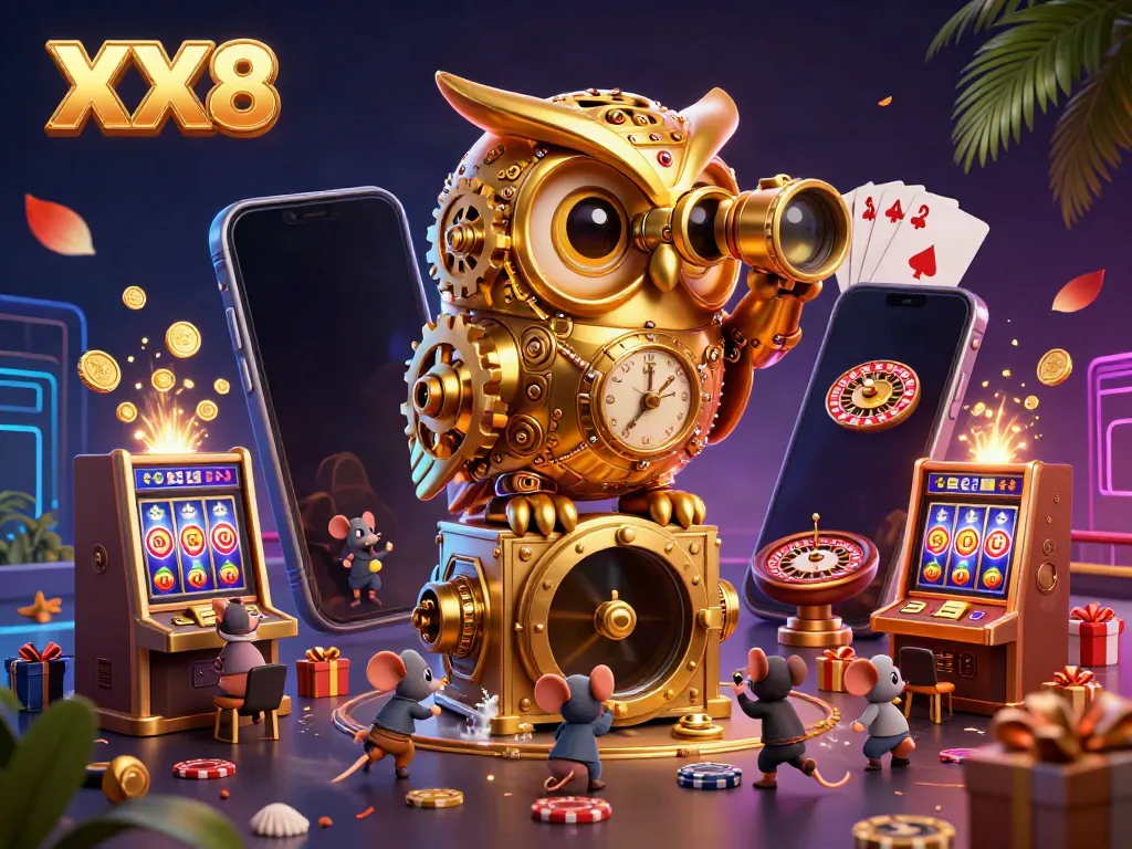 Experience the excitement of XX8's casino floor with a whimsical, interactive scene featuring a golden owl and lively characters.