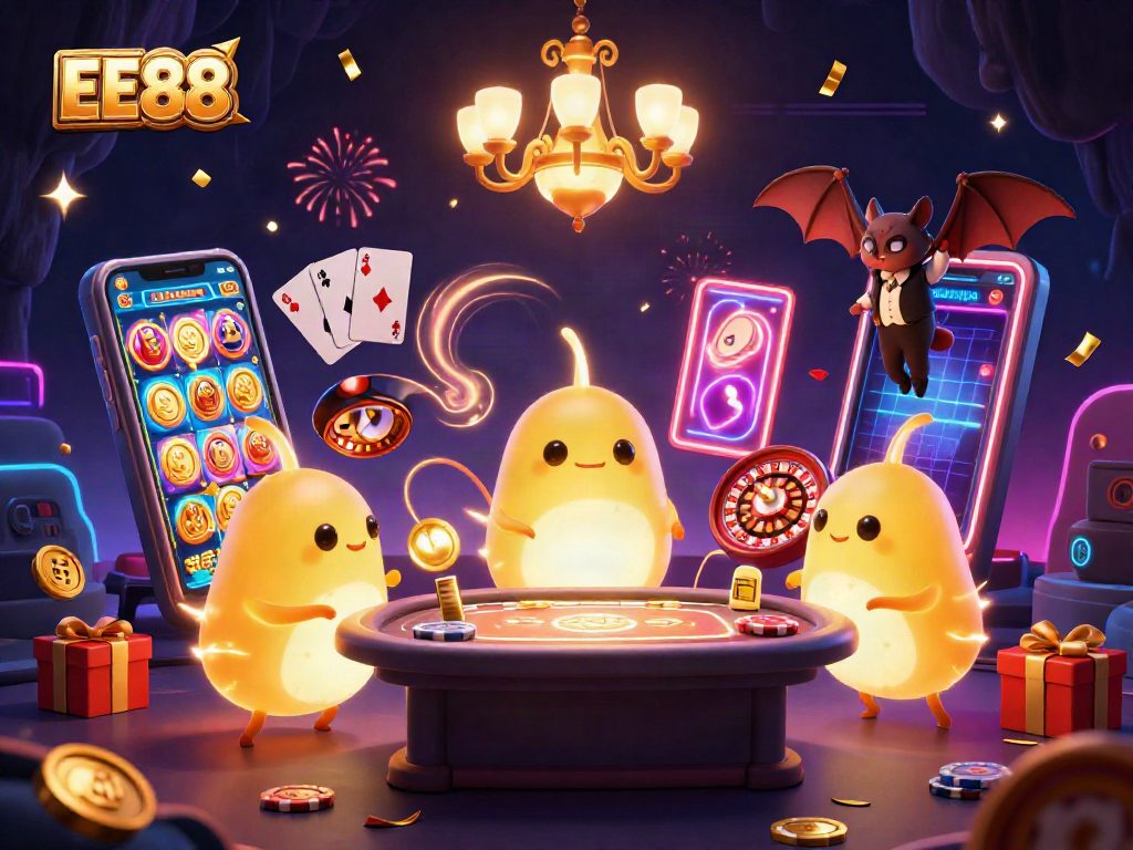 Experience the excitement of EE88 with vibrant glowworms illuminating a lively casino scene.