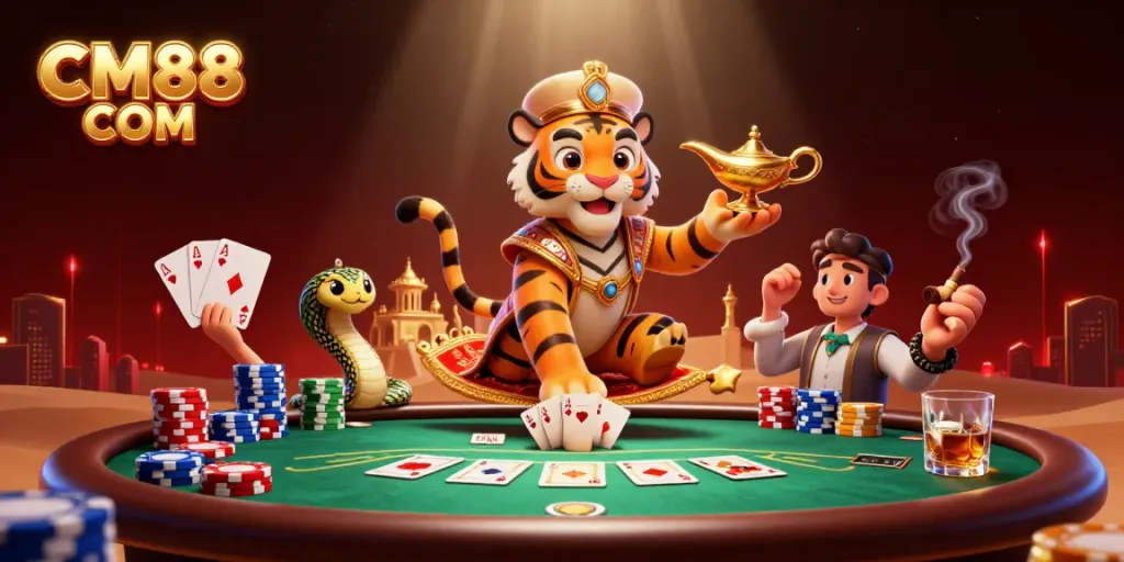 Engage with CM88 COM through an energetic portrayal of gambling with a tiger sultan and a magic lamp genie in a vibrant casino scene.