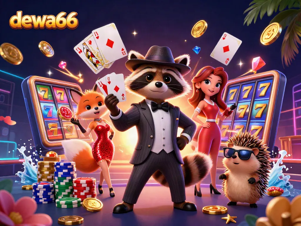 Dazzling 3D artwork showcasing dewa66 characters celebrating a jackpot with vibrant slot reels and rich casino elements.