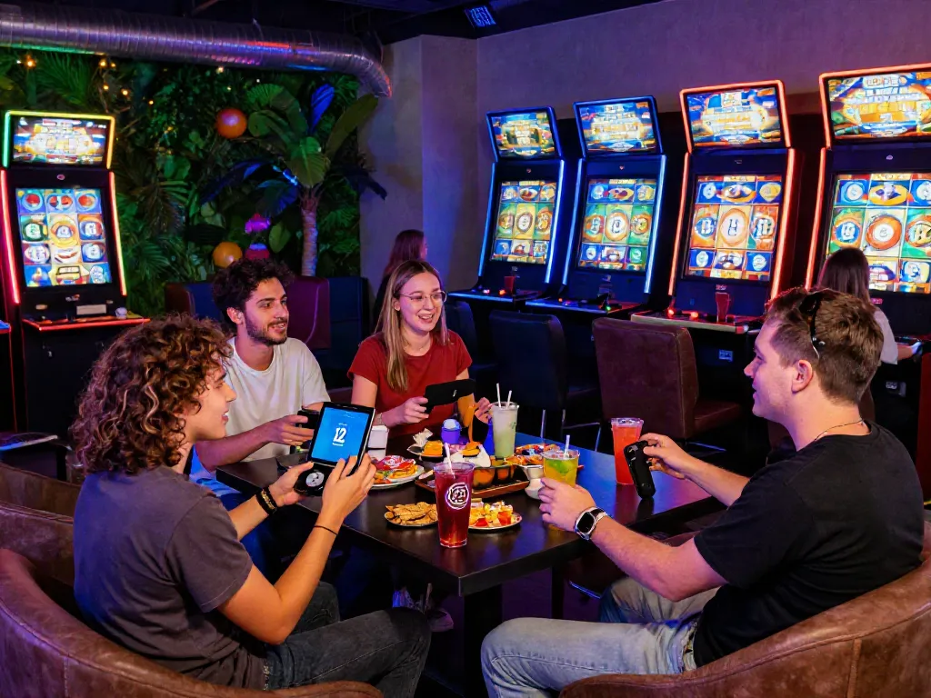 Friends enjoying an exciting gaming experience with luxury12 slot machines.