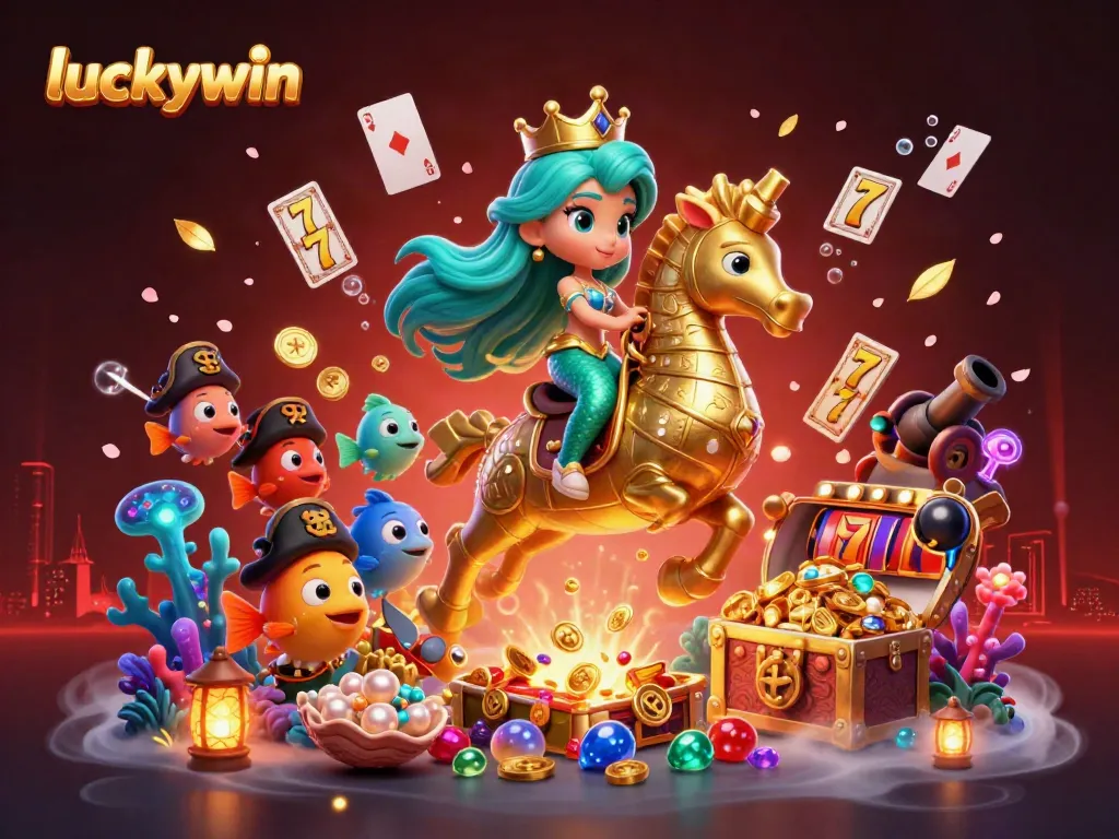 Win big with luckywin in an engaging underwater casino scene featuring a mermaid and seahorse.